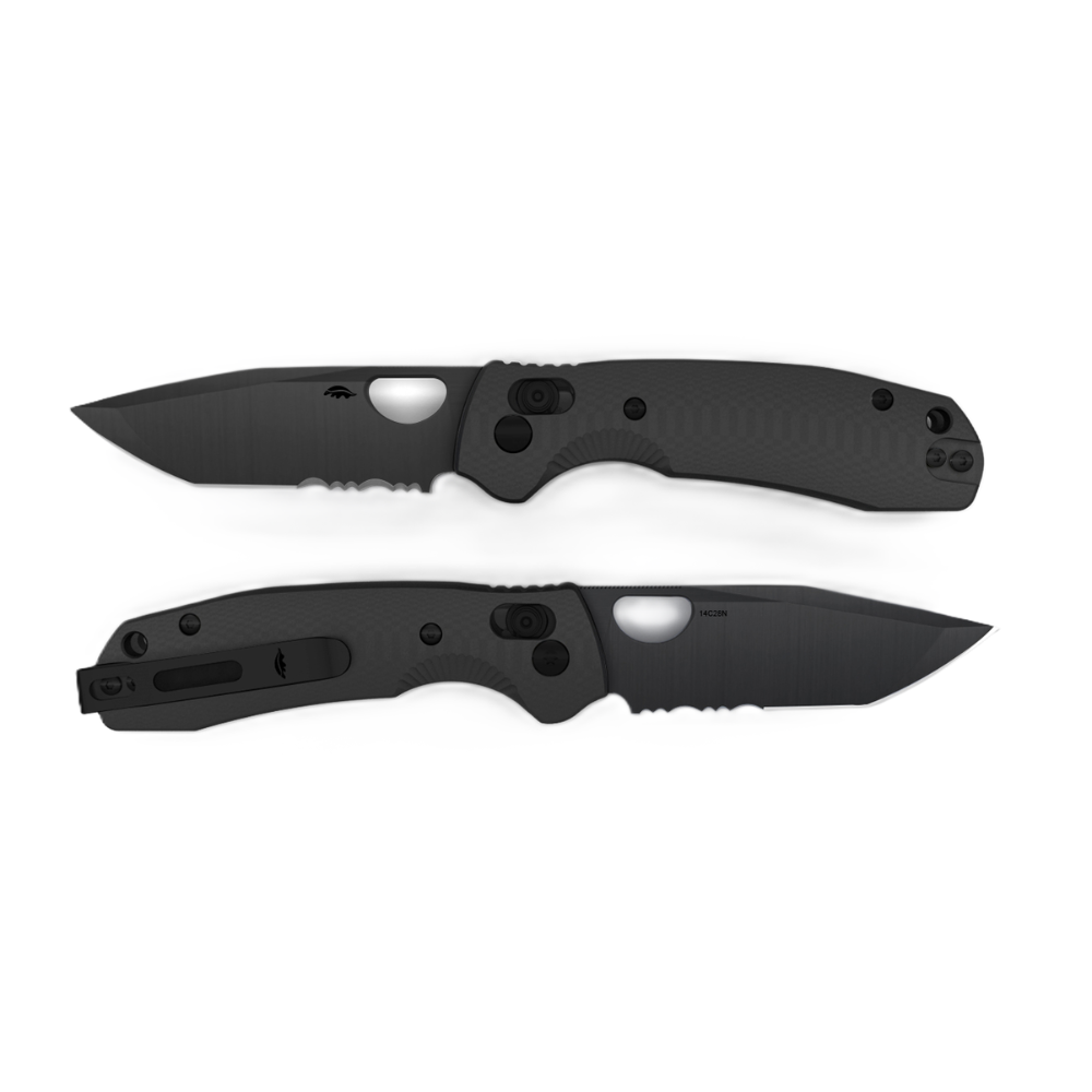 HB CROSS-BOLT TANTO PLAIN SERRATED MED-LARGE L/R BLK PVD 14C G10